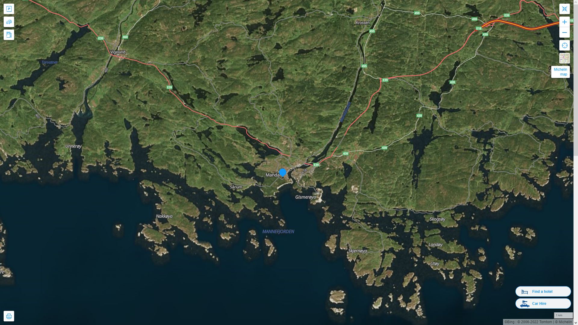 Mandal Norvege Autoroute et carte routiere avec vue satellite
